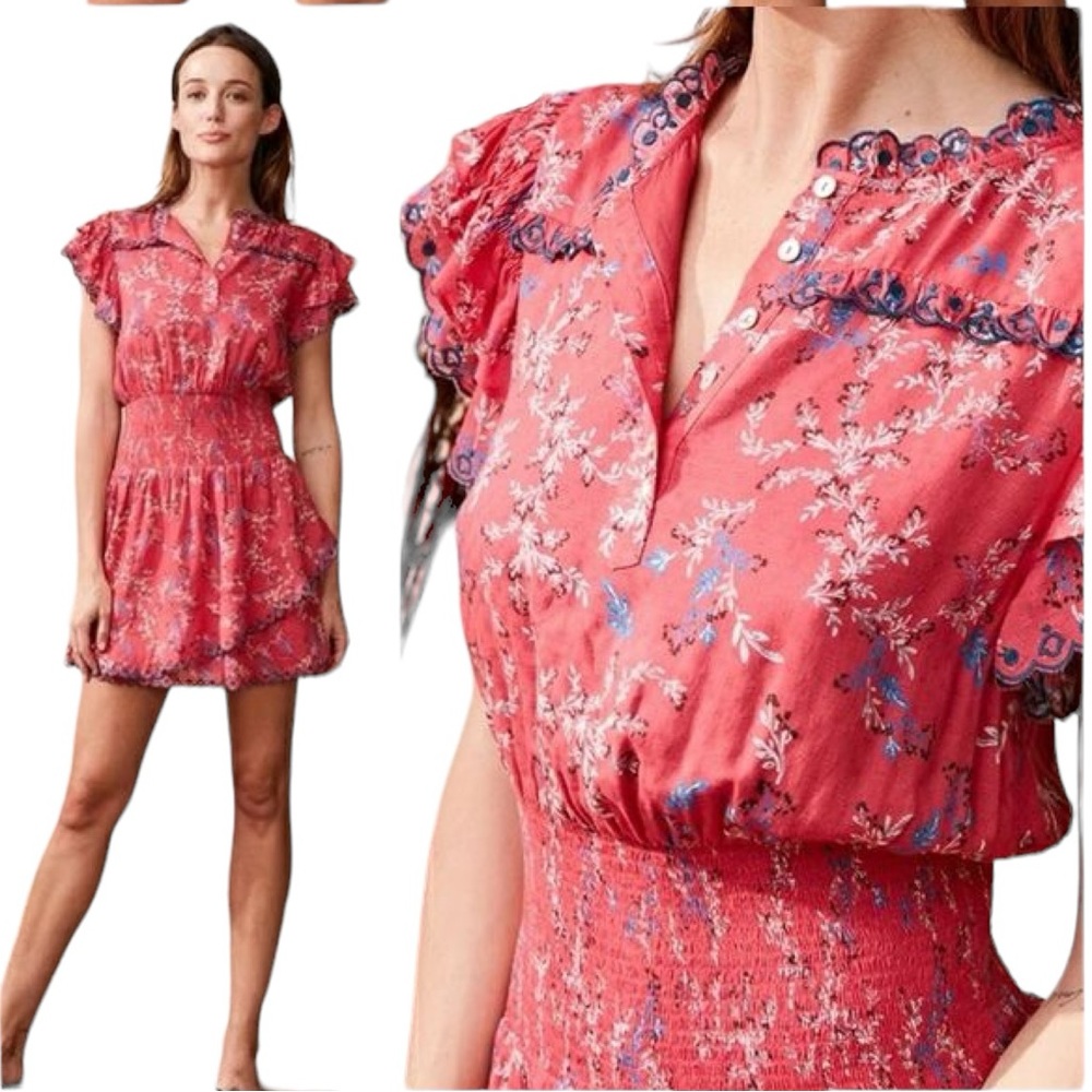 Dolan “Samantha” Floral Print Embroidery Ruffle Smocked Waist Mini Dress